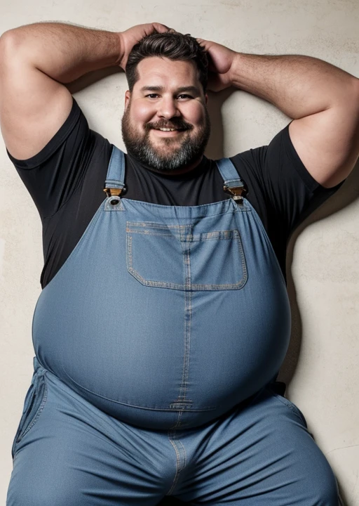 (handsome mature man plump chubby morbid extremely thick thighs bulging belly fat), older man, gray hair, white man, wearing , hairy chest, hairy belly,
mechanic overalls, bare overalls, gloves, , bulge, detailed glade on clothing, (fat and corpulent: 1.3), full beard very long, looking at the viewer, handsome man, detailed eyes, symmetrical face, mischievous smile, robust, mustache, longer hair, his body is lying sideways on the floor, front view.