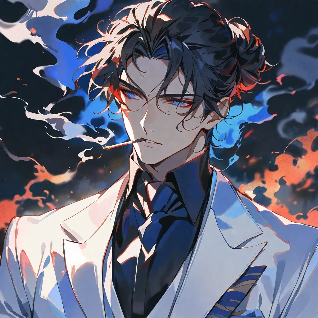 solo, handsome, Watercolor,1 male, Man Bun,short hair, black hair, red ＆ blue eyes,black light, White Suit, smoke, smoking, black fire