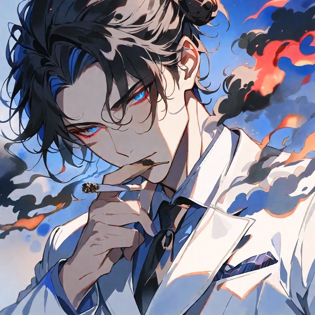 solo, handsome, Watercolor,1 male, Man Bun,short hair, black hair, red ＆ blue eyes,black light, White Suit, smoke, smoking, black fire