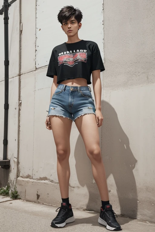 a young man having long legs, thick thighs, large , thin and narrow weist, big large feminine , large male reproductive organs, t shirt and shorts, very small spikey boyish haircut, man , wide , bearded man, man,penis bulge , full body 