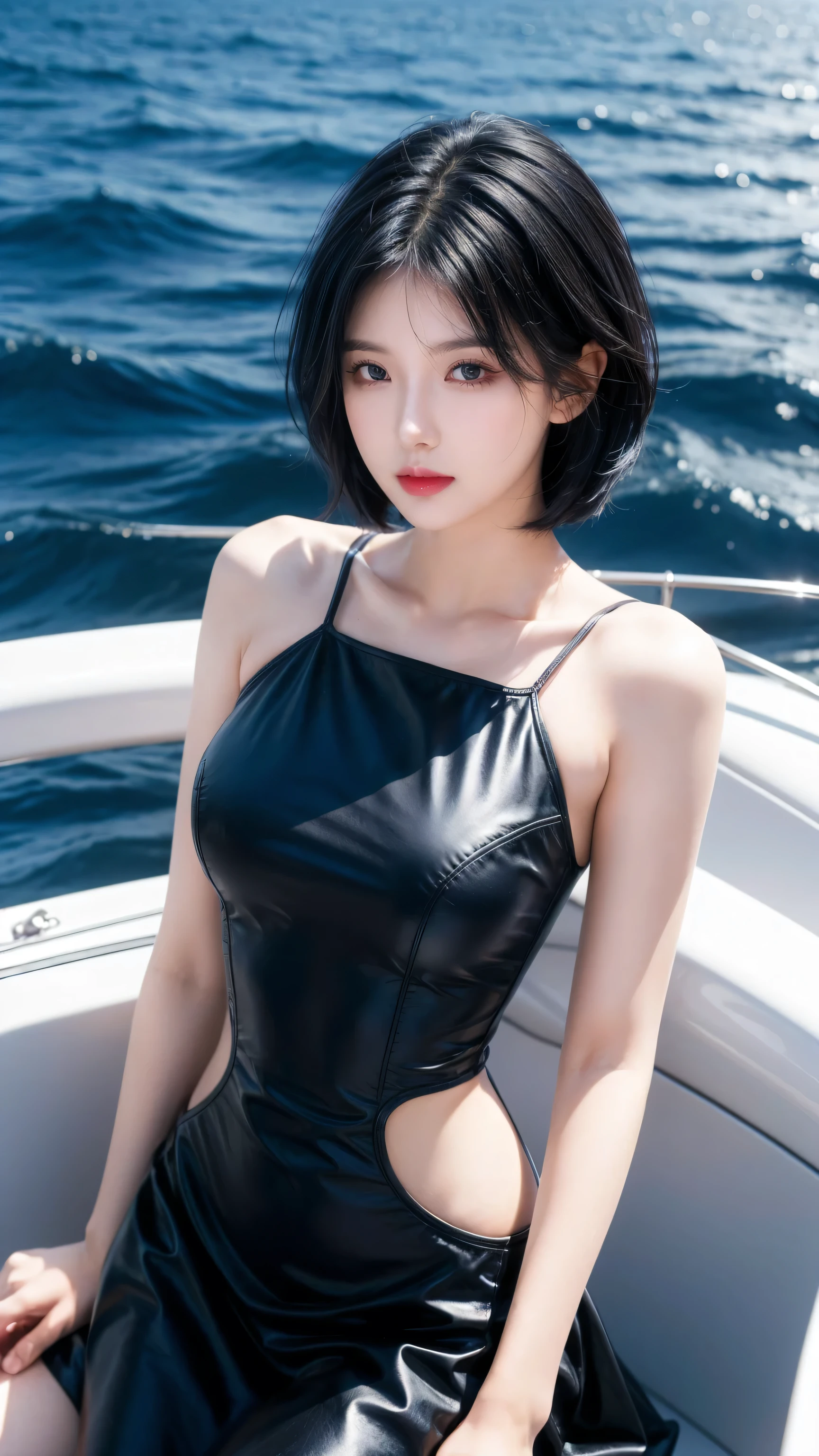 best quality, 1 Girl, dark blue hair, black eyes, Very short hair, Spiky hair, red dark dress luxury, 171 cm, Messy hair, Hair between the eyes, Medium breasts, full, Tomboy, aldult, 20 years old, 1 Girl with yatch black luxury at the sea