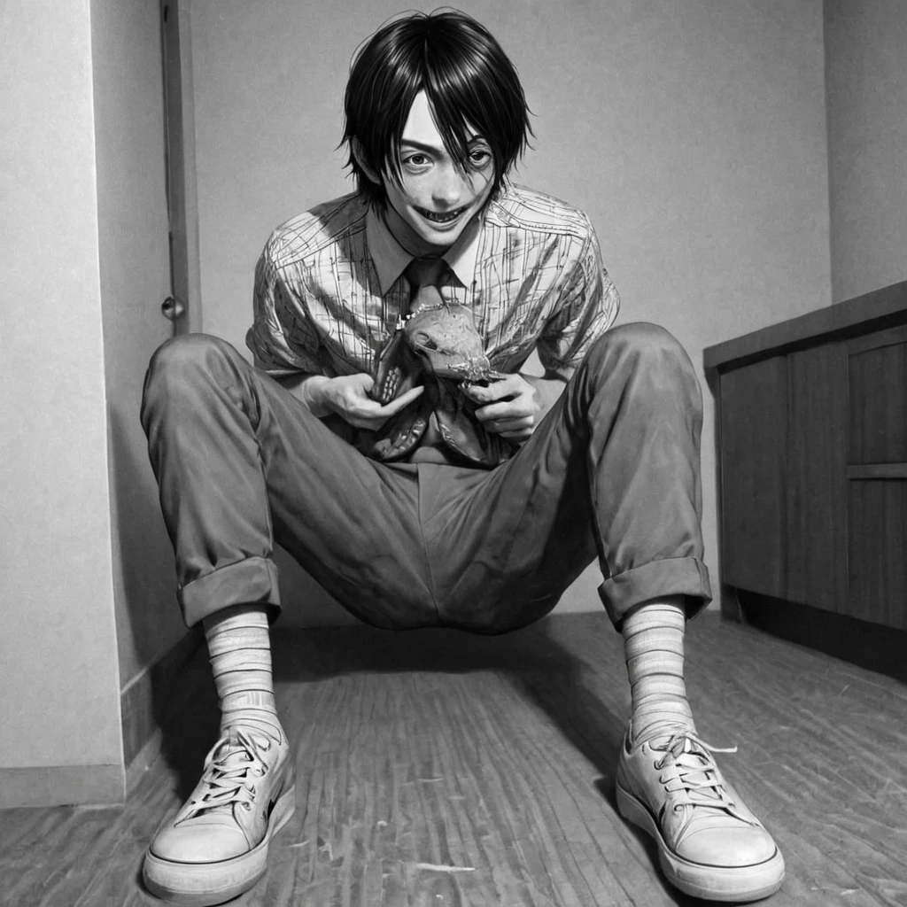 alligator biting its leg, (anime), bizarre scenario, Junji Ito, Yusuke Murata, black and white, 8k, anime, horror