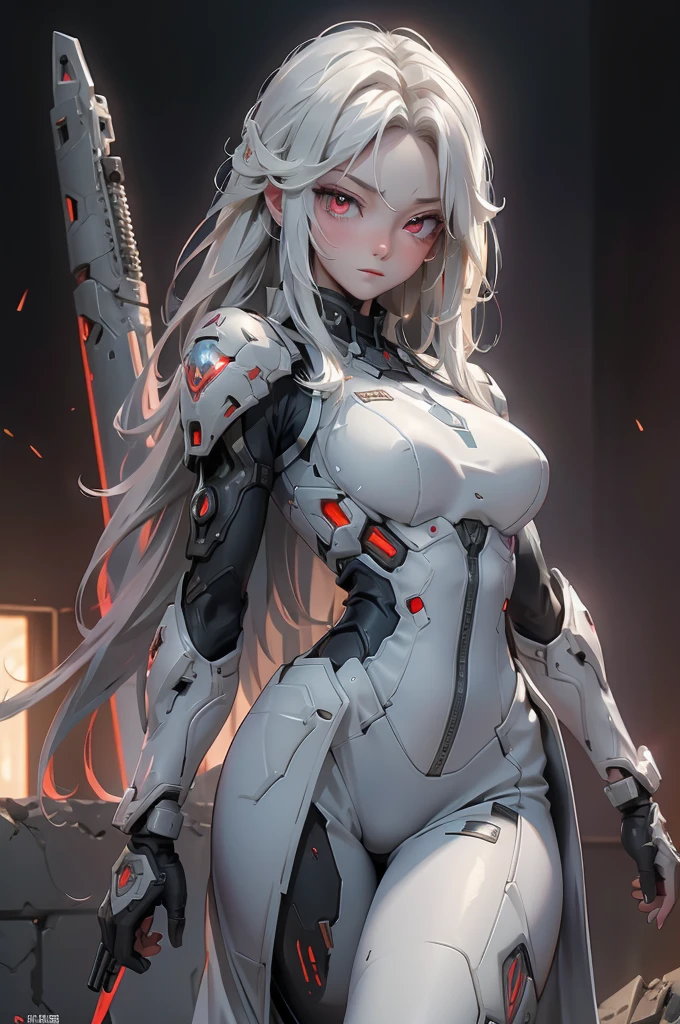 ((Cyberpunk women images)),raise one's arms high:1.4、armpits,,(masterpiece:1.4, Highest quality, Dutch Angle)(One Girl, alone)(Gray hair that changes with light、Smooth and straight hair、WHITE hair fluttering in the wind)、(beautiful, Glowing Skin、Cheek Gloss Highlighter、Sexy and very beautiful and adorable face、世界で最もbeautiful顔、big, Glowing red eyes)、(Cute 25 year old girl, large breasts、Tight waist、Delicate shoulders、Perfect figure)(Overall dark、A ruined futuristic city、The world at the end of the century、Traces of war、cave、Remains)(Futuristic combat suit、White combat armor、Highly decorated combat uniform、Weapons are deployed to surround the woman)(Shooting from close range、Pictures of female faces)
