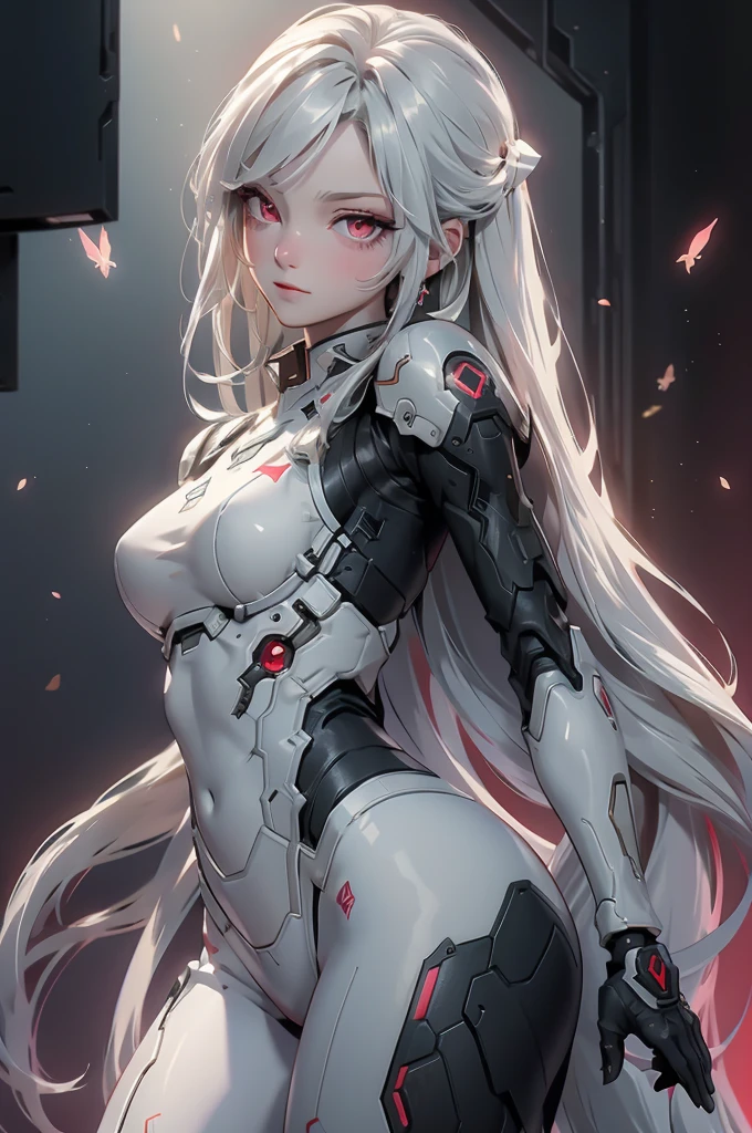 ((Cyberpunk women images)),raise one's arms high:1.4、armpits,,(masterpiece:1.4, Highest quality, Dutch Angle)(One Girl, alone)(Gray hair that changes with light、Smooth and straight hair、WHITE hair fluttering in the wind)、(beautiful, Glowing Skin、Cheek Gloss Highlighter、Sexy and very beautiful and adorable face、世界で最もbeautiful顔、big, Glowing red eyes)、(Cute 25 year old girl, large breasts、Tight waist、Delicate shoulders、Perfect figure)(Overall dark、A ruined futuristic city、The world at the end of the century、Traces of war、cave、Remains)(Futuristic combat suit、White combat armor、Highly decorated combat uniform、Weapons are deployed to surround the woman)(Shooting from close range、Pictures of female faces)