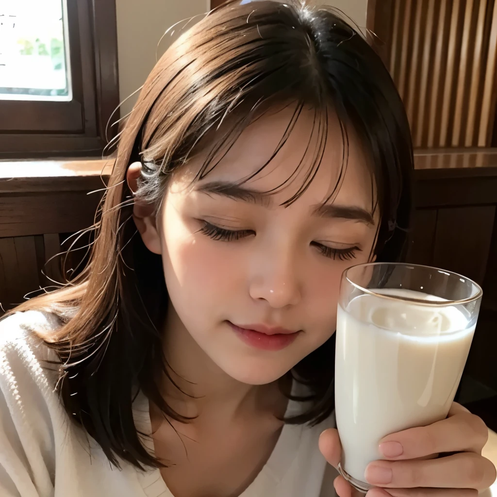 A girl drinks milk from a glass、Very thick straw、Close ~ eyes、