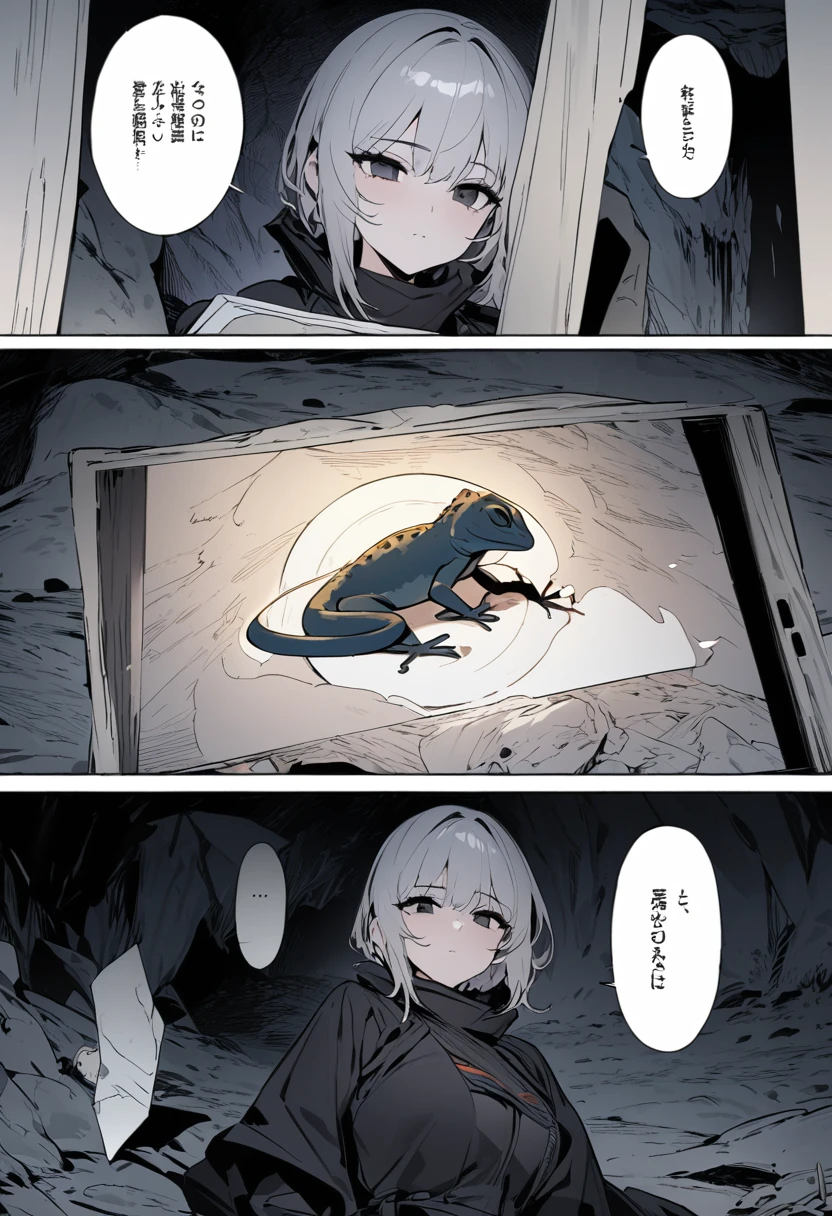 ((highest quality)), ((masterpiece)), (detailed), comic e-book storyboard, A gecko Corrupted by the shadows in a cave on the moon with black eyes masterpiece (1.2) 8k HD