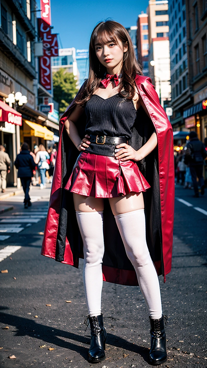 (8k、RAW Photos、Highest quality、masterpiece:1.2)、(Realistic、Realistic)、1 girl、((In town、smile、Big Breasts、tights、Cape、belt、pink、mini skirt、Frills、Ribbon on chest、Wizard Costume、boots、Look forward、Stand with hands on hips))、