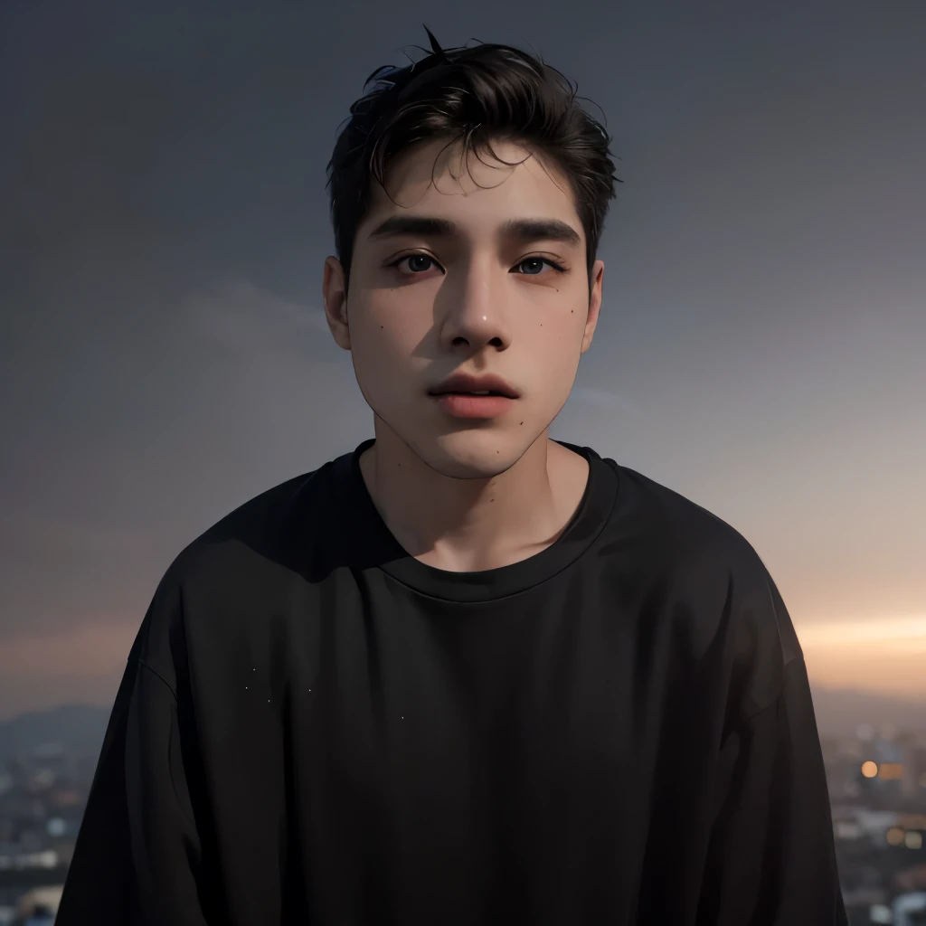 (masterpiece:1.2), (best quality:1.2), hyper realistic,highestres,absurdres,extremely detailed,volumetic,dramatic lighting,(frontal view),
20 year old boy,face,detailed eyes, flat black hoodie, black t-shirt, with background ((sky))