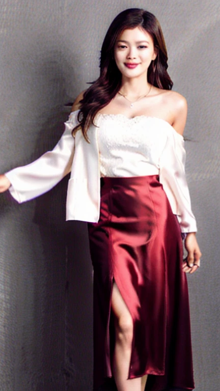 kim yoo jung, 1girl, solo, big breasts, milf, colorful, full body, slender girl (detailed skin:1.3), beautiful office female boss, office outfit, off-shoulders blazer and long silk brown maxi skirt, sharp focus, delicate, (8k, RAW photo, best quality, masterpiece:1.2), RAW photo, detailed eyes, physically based rendering, hardcore collarbone, office outfit, off-shoulders blazer and long silk brown maxi skirt,