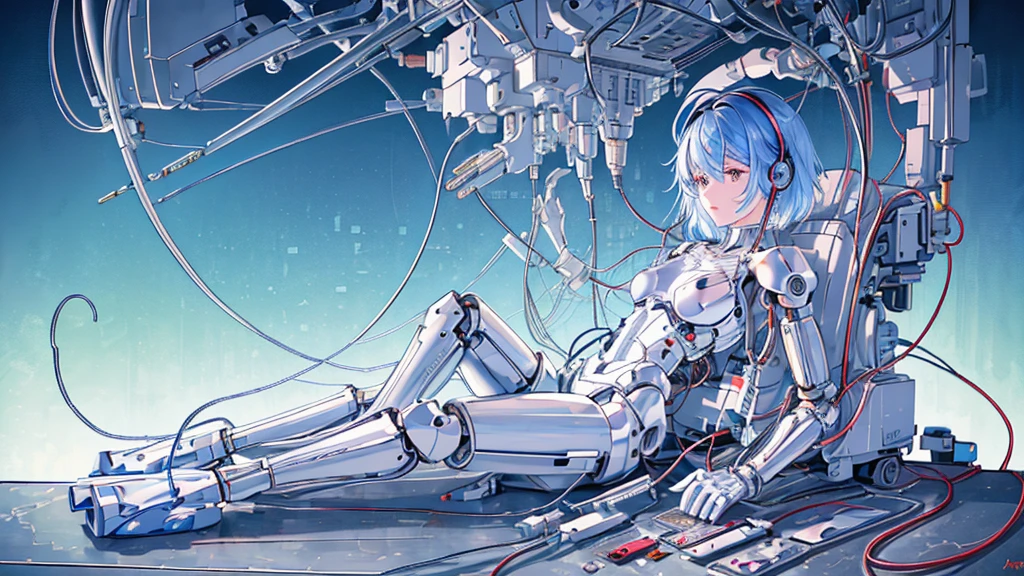 (((masterpiece))), (((Highest quality))), ((Very detailed)), (Highly detailed CG illustrations), ((Very delicate and beautiful)),(Cute and delicate face),Light,((1. Machine Girl)),alone,whole body,(Machine made joints:1.4),((Mechanical Limbs)),(Muscles bulge),(Blood vessels are connected to tubes),(Brain in a container:1.3),((Mechanical vertebrae attached to the back)),((Mechanical cervical vertebrae attached to the neck)),((Sitting)),poker face,(Wires and cables attached to head and body:1.5),Small breasts,short hair,(Character Focus),SF,Lying down,Shortcuts,Forehead out,A devastated society,alone,Wearing a headband