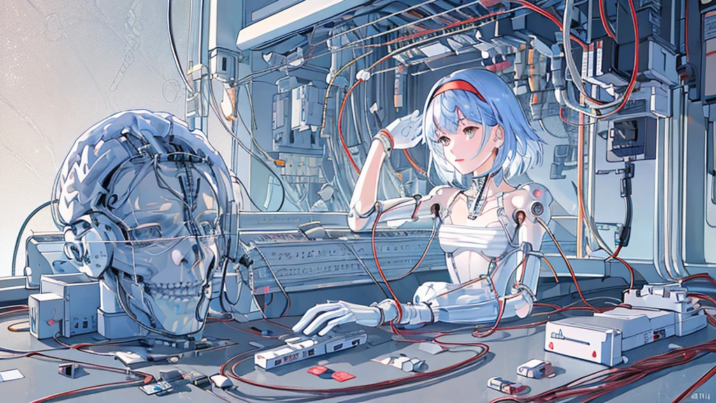 (((masterpiece))), (((Highest quality))), ((Very detailed)), (Highly detailed CG illustrations), ((Very delicate and beautiful)),(Cute and delicate face),Light,((1. Machine Girl)),alone,whole body,(Machine made joints:1.4),((Mechanical Limbs)),(Muscles bulge),(Blood vessels are connected to tubes),(Brain in a container:1.3),((Mechanical vertebrae attached to the back)),((Mechanical cervical vertebrae attached to the neck)),((Sitting)),poker face,(Wires and cables attached to head and body:1.5),Small breasts,short hair,(Character Focus),SF,Lying down,Shortcuts,Forehead out,A devastated society,alone,Wearing a headband