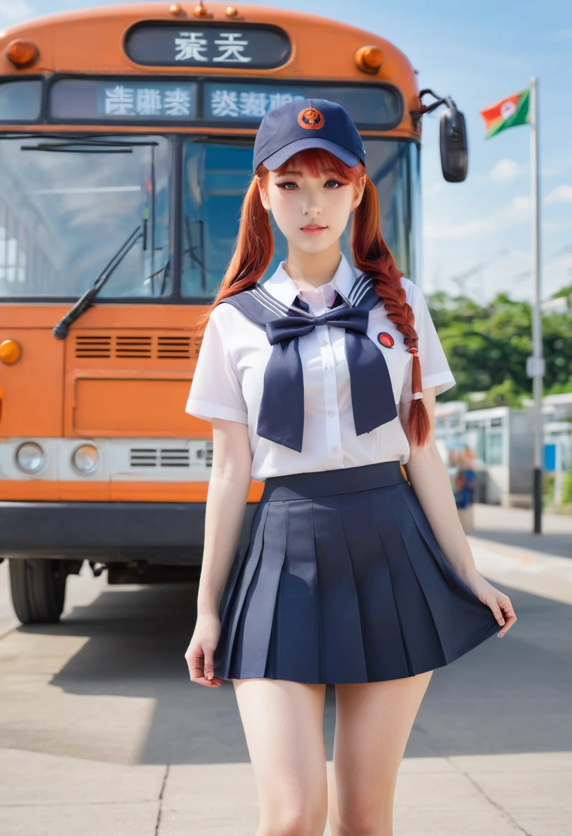 One girl, alone, Redhead, Red eyes, Twin tails, Employee uniforms, Pencil Skirt, Skull print, Navy Cap, Orange sky,, Outdoor, station, Stand in front of the bus,, 