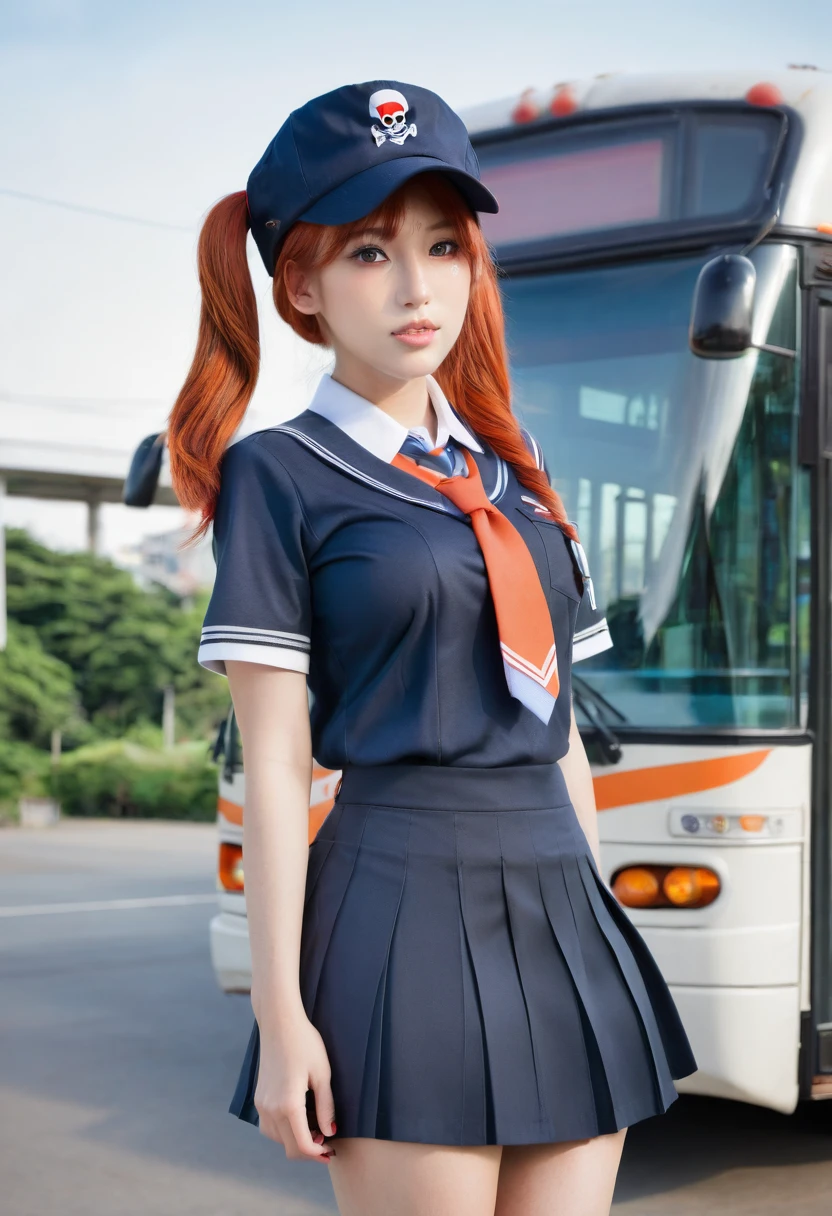 One girl, alone, Redhead, Red eyes, Twin tails, Employee uniforms, Pencil Skirt, Skull print, Navy Cap, Orange sky,, Outdoor, station, Stand in front of the bus,, 