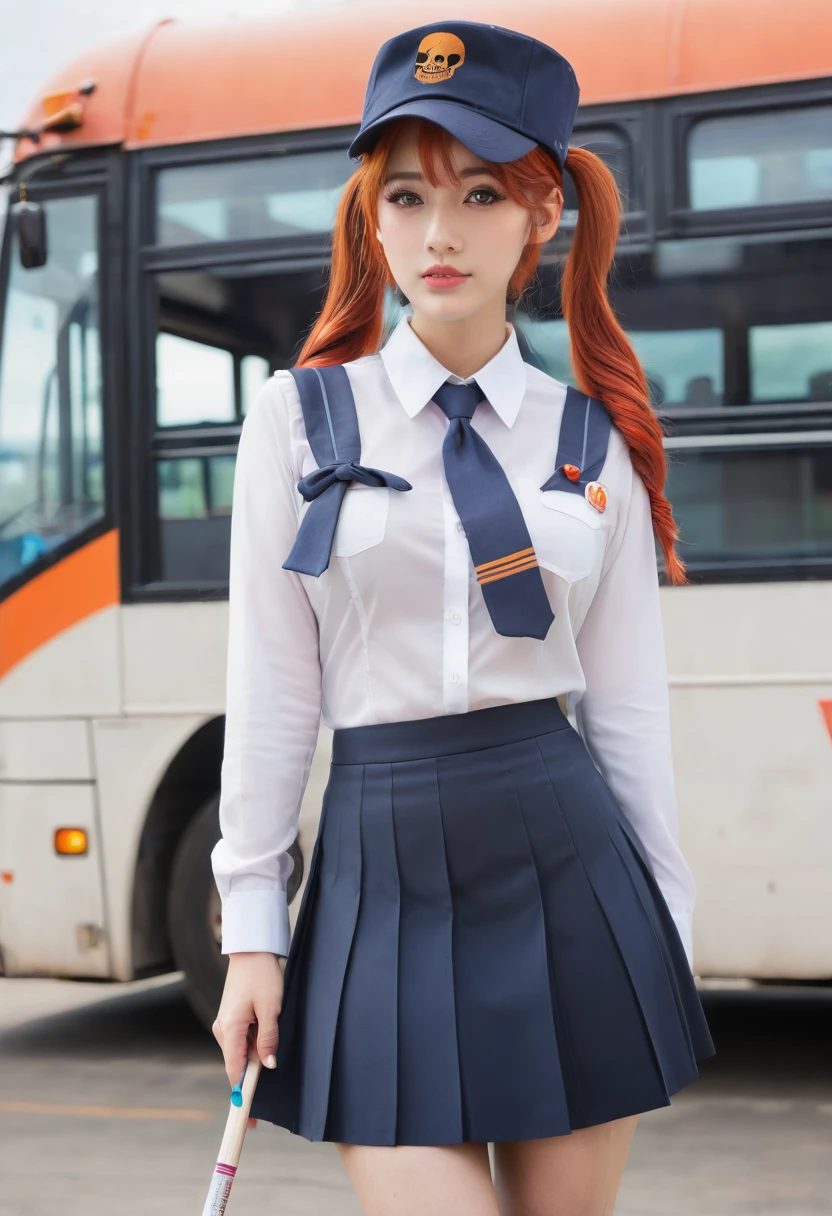 One girl, alone, Redhead, Red eyes, Twin tails, Employee uniforms, Pencil Skirt, Skull print, Navy Cap, Orange sky,, Outdoor, station, Stand in front of the bus,, 