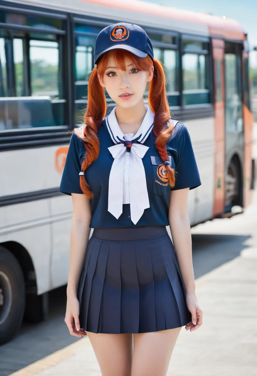 One girl, alone, Redhead, Red eyes, Twin tails, Employee uniforms, Pencil Skirt, Skull print, Navy Cap, Orange sky,, Outdoor, station, Stand in front of the bus,, 