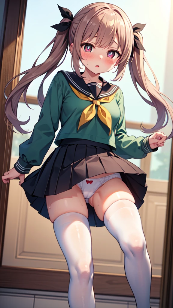 highest quality,masterpiece,8k,1girl,medium breasts, blush, sweat, mini skirt, lift skirt, upskirt, white panties, hair ribbon, twin tails, green shirt, seifuku, white neckerchief, long sleeves, pleated skirt, black skirt, thigh highs sox, loafers, camel toe, open legs, heart shaped pupils,