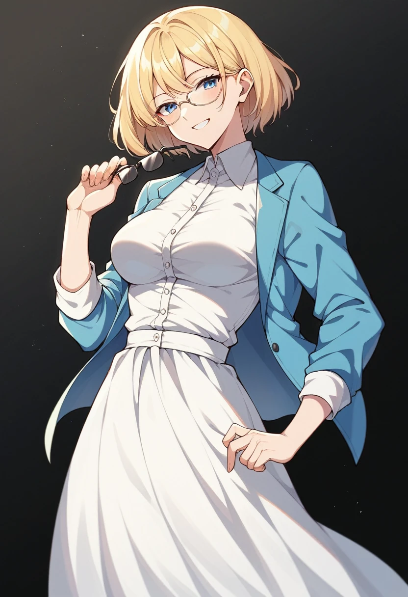 beautiful woman, beautiful face, solo, standing, medium bob cut blonde hair, light blue eyes, two points glasses, medium breasts, blue short jacket, white dress shirts, white pleats long skirt, soft smile, (pinch one's her glasses), temptation pose, black background, no background, pastel 2d art, matte painting, anime, masterpiece