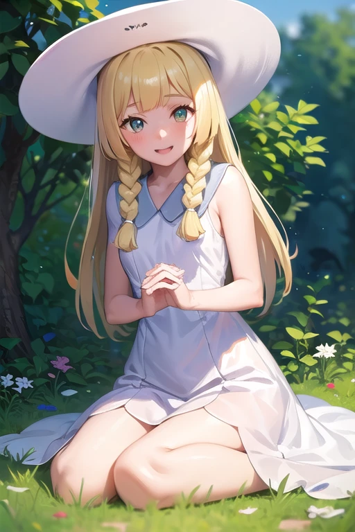 1 girl, masterpiece, top quality, lillie (pokemon), lillie, dress, green eyes, blonde hair, long hair, white dress, blush, white hat, big hat, looking at viewer, 10 years old, braids, twin braids, blonde, Full body image, sitting, outdoors, nature, sky, cute, happy, nice smile, young, bright sunlight, lily flower, have flowers, white lily, (masterpiece:1.2), best quality, high resolution, unity 8k wallpaper, (illustration:0.8), (beautiful detailed eyes:1.6), extremely detailed face, perfect lighting, extremely detailed CG, (perfect hands, perfect anatomy),