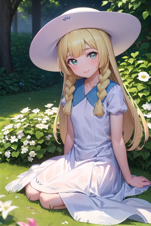 1 girl, masterpiece, top quality, lillie (pokemon), lillie, dress, green eyes, blonde hair, long hair, white dress, blush, white hat, big hat, looking at viewer, , braids, twin braids, blonde, Full body image, sitting, outdoors, nature, sky, cute, happy, nice smile, young, bright sunlight, lily flower, have flowers, white lily, (masterpiece:1.2), best quality, high resolution, unity 8k wallpaper, (illustration:0.8), (beautiful detailed eyes:1.6), extremely detailed face, perfect lighting, extremely detailed CG, (perfect hands, perfect anatomy),