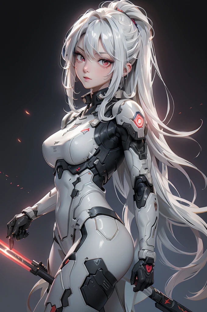 ((Cyberpunk women images))，raise one's arms high:1.4、armpits,,(masterpiece:1.4, Highest quality, Dutch Angle)(One Girl, alone)（Gray hair that changes with light、Smooth and straight hair、WHITE hair fluttering in the wind）、（beautiful, Glowing Skin、Cheek Gloss Highlighter、Sexy and very beautiful and adorable face、世界で最もbeautiful顔、big, Glowing red eyes）、（Cute 25 year old girl, large breasts、Tight waist、Delicate shoulders、Perfect figure）（Overall dark、A ruined futuristic city、The world at the end of the century、Traces of war、cave、Remains）(Futuristic combat suit、White combat armor、Highly decorated combat uniform、Weapons lined up around the woman)（Shooting from close range、Pictures of female faces）
