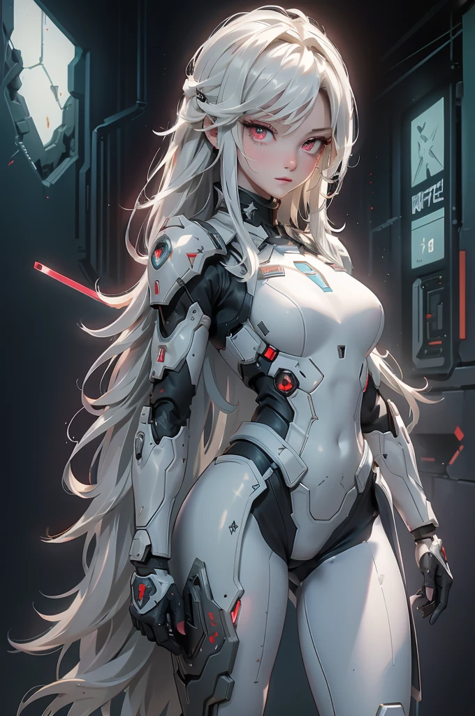 ((Cyberpunk women images))，raise one's arms high:1.4、armpits,,(masterpiece:1.4, Highest quality, Dutch Angle)(One Girl, alone)（Gray hair that changes with light、Smooth and straight hair、WHITE hair fluttering in the wind）、（beautiful, Glowing Skin、Cheek Gloss Highlighter、 and very beautiful and adorable face、世界で最もbeautiful顔、big, Glowing red eyes）、（Cute 25 year old girl, large 、Tight waist、Delicate shoulders、Perfect figure）（Overall dark、A ruined futuristic city、The world at the end of the century、Traces of war、cave、Remains）(Futuristic combat suit、White combat armor、Highly decorated combat uniform、Weapons lined up around the woman)（Shooting from close range、Pictures of female faces）
