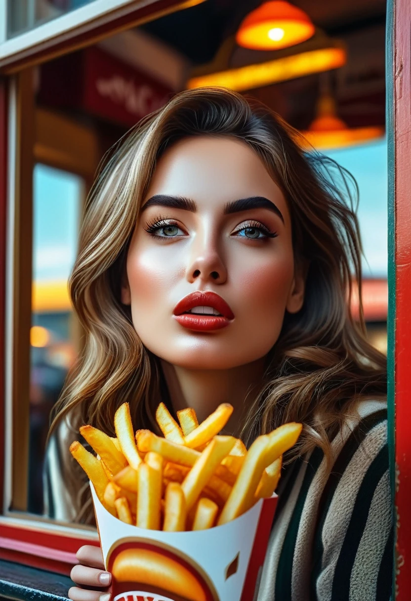 a woman sitting by a window eating french fries, seagull outside the window looking upset, seaside burger shop, detailed realistic oil painting, beautiful detailed eyes, beautiful detailed lips, extremely detailed eyes and face, long eyelashes, photorealistic, 8k, masterpiece, highly detailed, vivid colors, warm lighting, cozy atmosphere, beautiful scenery, dramatic sky, realistic textures, intricate details, cinematic composition, Leonardo style