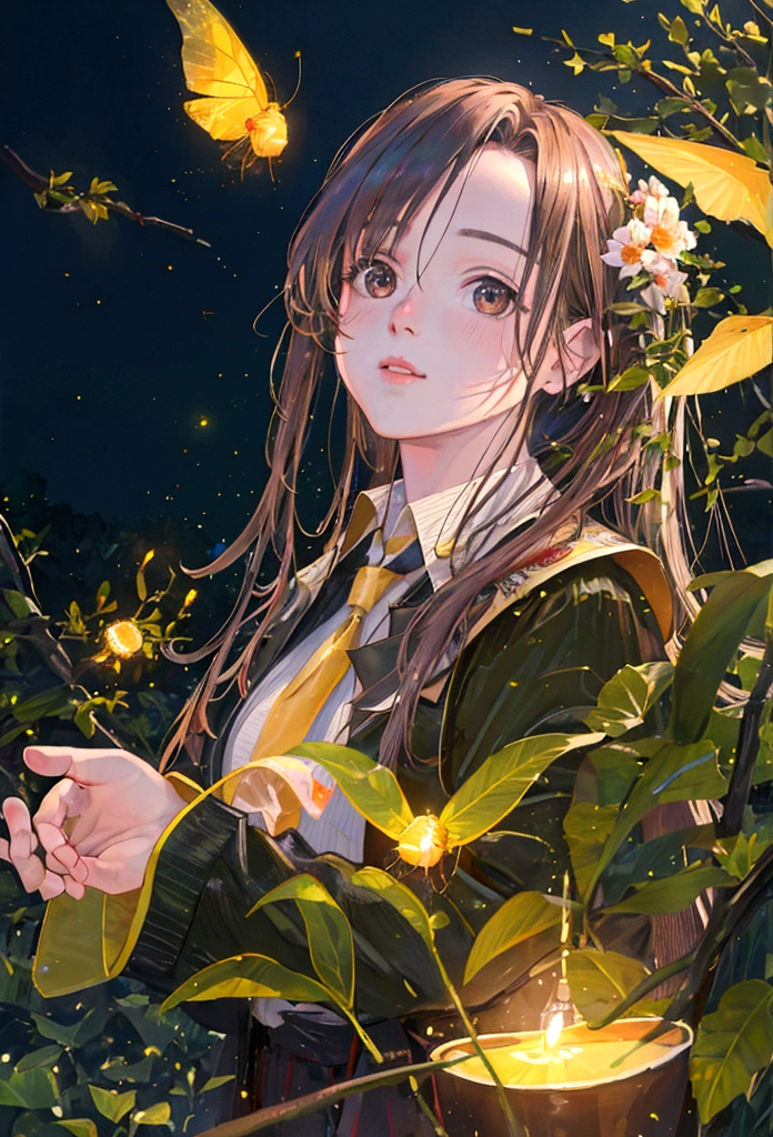 (8k, Highest quality, masterpiece: 1.2), (Realistic, photoRealistic: 1.37), Super detailed, One person, Wide viewing angles, Firefly Garden, There are lots of little faint lights and fireflies flying around, night