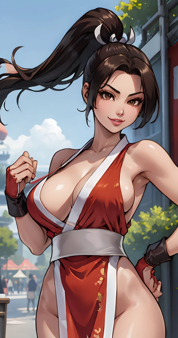 (Mai Shiranui), she is showing her side, She's on her side for the viewer,__body parts__, official art, 8k unit wallpaper, ultra detailed, beautiful, masterpiece, Super fine photo, high quality, super tall resolution, photorealistic, sunlight, smile, elegant dress, jewelry, in Birthday Party, amusement park, beautiful, highly detailed skin, realistic skin details, visible pores, sharp focus, digital SLR camera,
