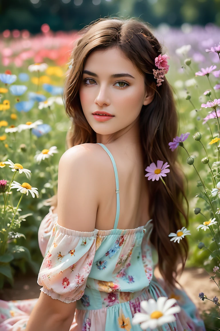 A serene 23-year-old woman with brown hair and brown eyes, sitting or lying in a colorful flower meadow, stretching her arms to the sides and enjoying the moment. She is wearing a romantic pastel-colored summer dress with flowers in her hair. The background is a vibrant flower meadow or botanical garden. Photorealistic, high resolution, with bright, natural outdoor lighting. best quality, intricate details, highly detailed, sharp focus, detailed skin, Realistic skin texture, texture, detailed eyes, professional, shot on Canon, 85mm, shallow depth of field, Kodak Vision Colors, perfectly shaped body, extremely detailed, photo_\(ultra\), photoRealistic, Realistic, Post-processing, maximum detail, roughness, Real life, ultra Realistic, photorealism, photography, 8k hd, photography