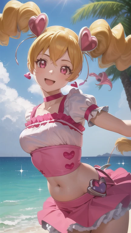 masterpiece, Highest quality, Absurd, Perfect Anatomy, One girl, alone, (Cure Peach:1.1), (Belly button:1.2),(Outdoor:1.6),(Long Hair, Earrings, Heart Hair Ornament, Pink choker, Pink Dress, Short sleeve, corset, Wrist cuff), smile, :d, magic, particle, floating, 