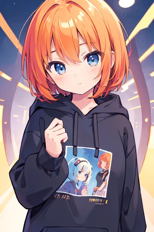 (best quality, masterpiece:1.2), illustrations, a cute girl, cute face, kawaii, early teens, very lovingly face, 16-year-old, early teens, short hair, orange hair, shiny hair, blue eyes, medium breasts, black hoodie, upper body,