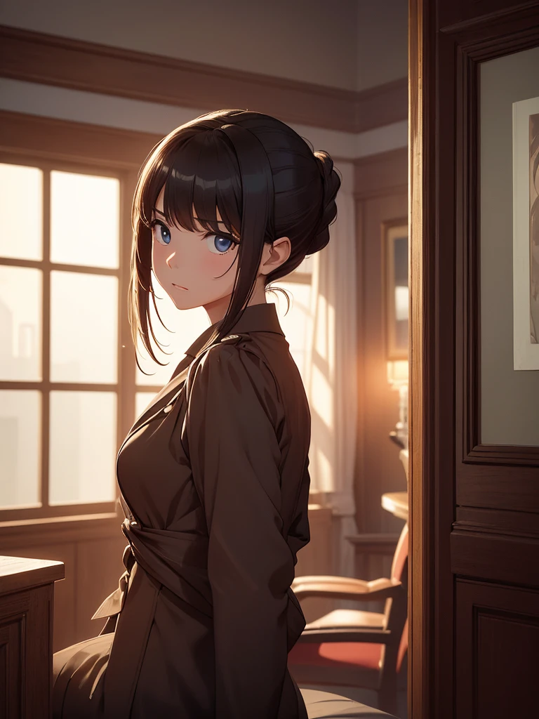 (masterpiece、top-quality、hight resolution), A man sits in a dimly lit room, looking shocked and wide-eyed as he recognizes the woman standing before him. She is dressed as a call girl, her face showing a mix of surprise and embarrassment, realizing she has been recognized. The moment captures the instant the man's realization hits, focusing on their facial expressions and body language.