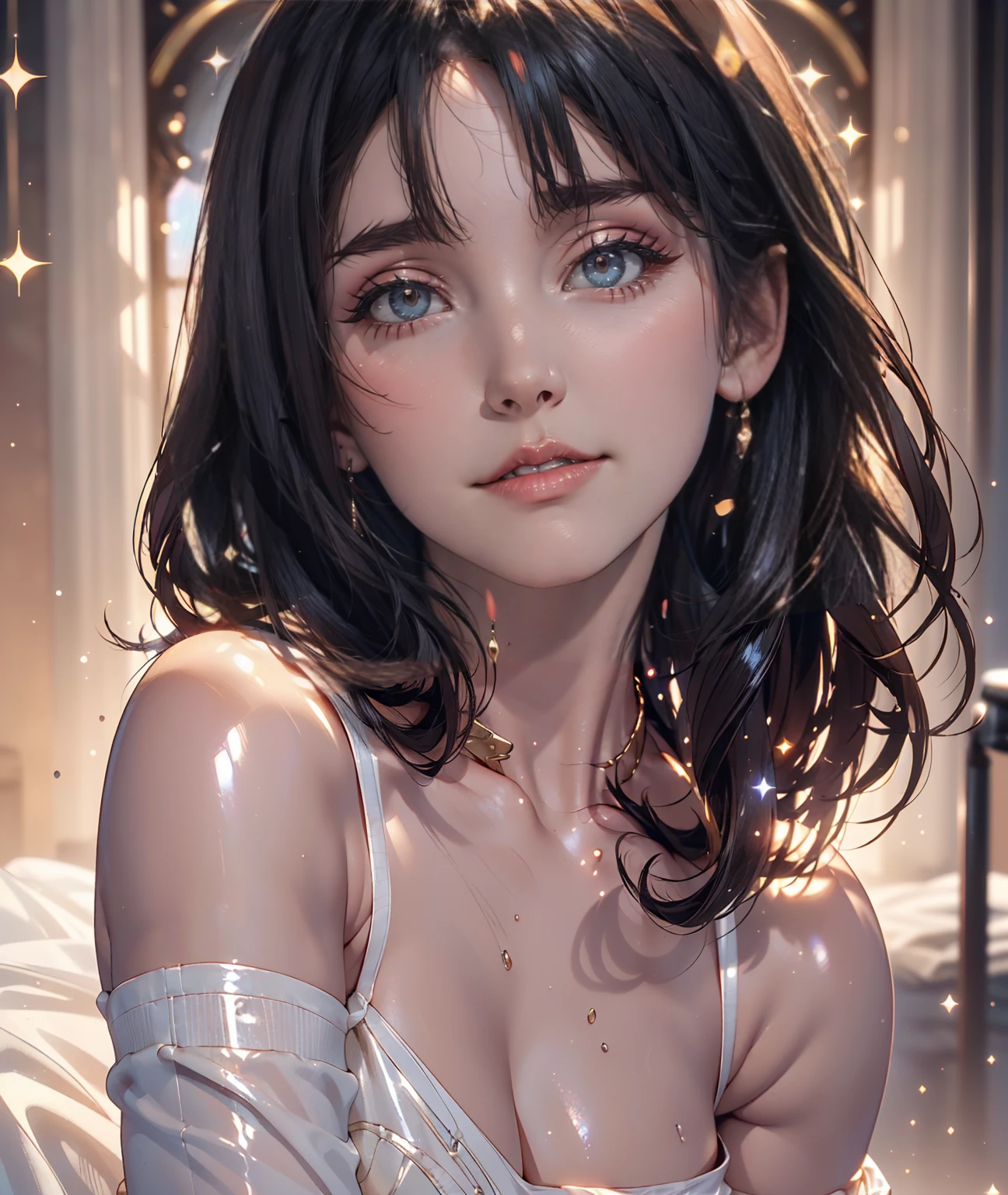 8k, RAW Photos, Realistic: 1.25), (Lip gloss, eyelash, Glossy face, Shiny skin, Highest quality, Ultra-high resolution, Depth of written boundary, chromatic aberration, Caustics, Moisturized lips, Super Trimmed Face, Sparkling, detailed eyes, Black Hair, semi-long, fashionable, Tight knit dress, thin