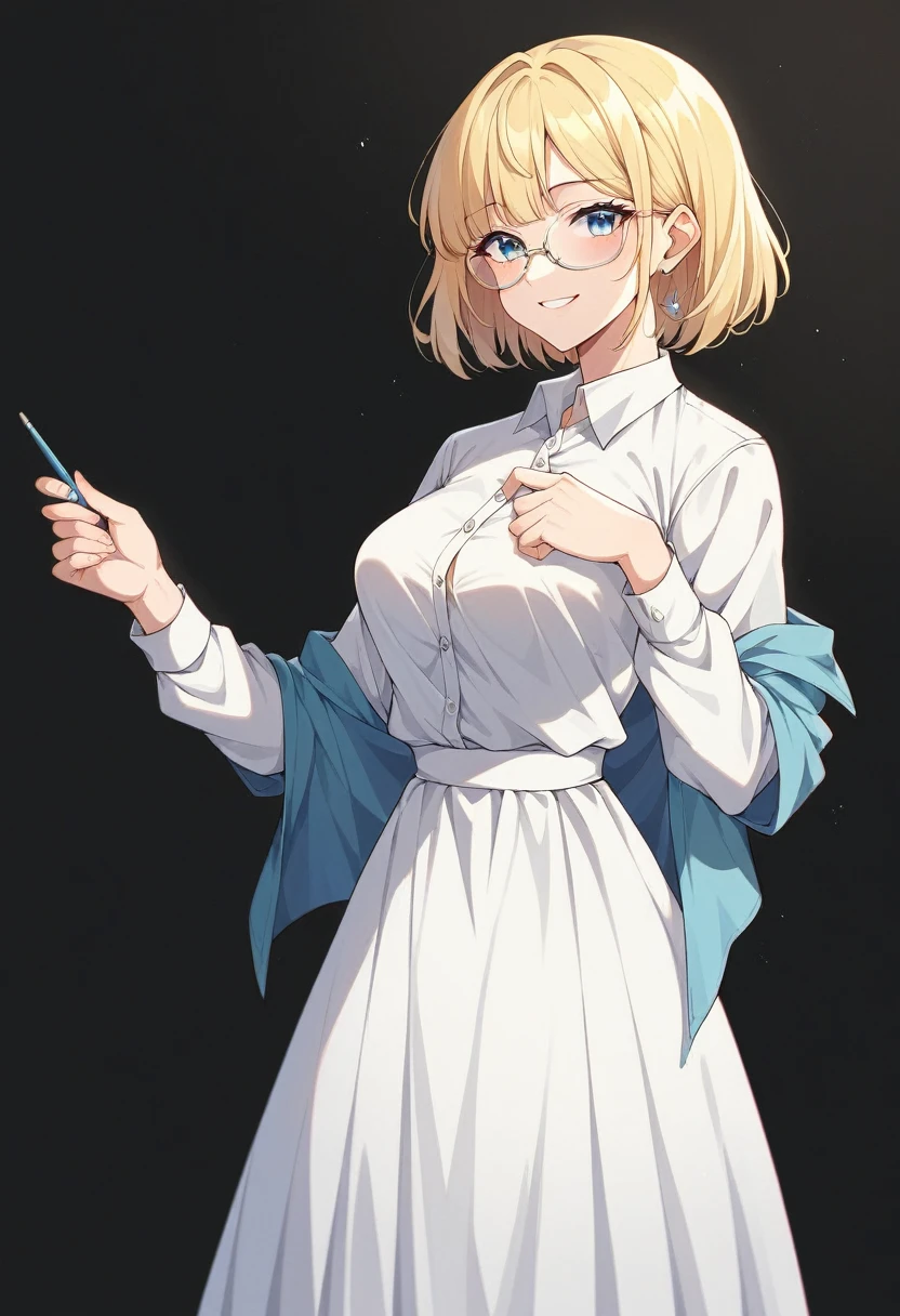 beautiful woman, beautiful face, solo, standing, medium bob cut blonde hair, light blue eyes, two points glasses, medium breasts, blue short jacket, white dress shirts, white pleats long skirt, soft smile, (pinch one's her glasses), temptation pose, black background, no background, pastel 2d art, matte painting, anime, masterpiece 