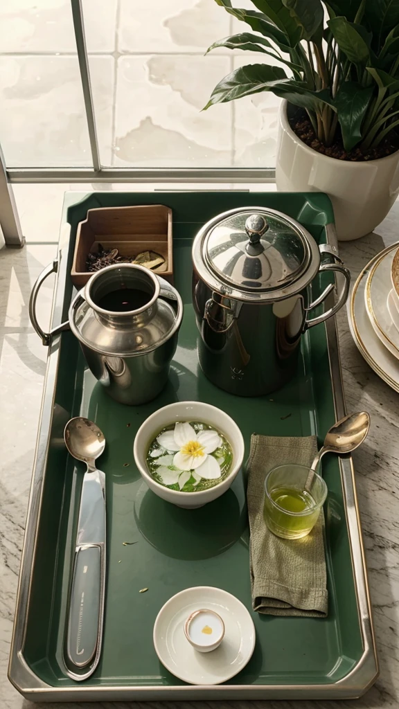 a tray full of eidables , aesthetic , a cup of green tea kept in it