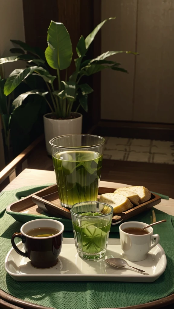 a tray full of eidables , aesthetic , a cup of green tea kept in it