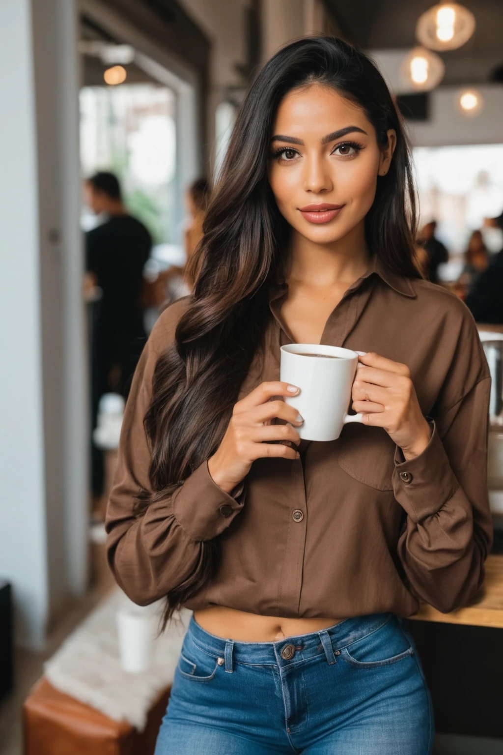 Femme colombian, Instagram model with a cup of coffee in her hand, Oeuvre d&#39;art, best quality, ultra-detailed, restaurant, (nuit), Nature, heureux, je regarde la lune, heureux, cartable, light blue shirt with closed sleeves, ombres, contraste, ciel clair, style, (ton chaud, ton chaud: 1.2), fermer, Cinematic light, Side lighting, Ultra haute résolution, meilleure teinte, CRU, partie du visage du corps, serious but naughty look, medium and seductive tits, 4K, Je veux que ce soit aussi réaliste que possible
