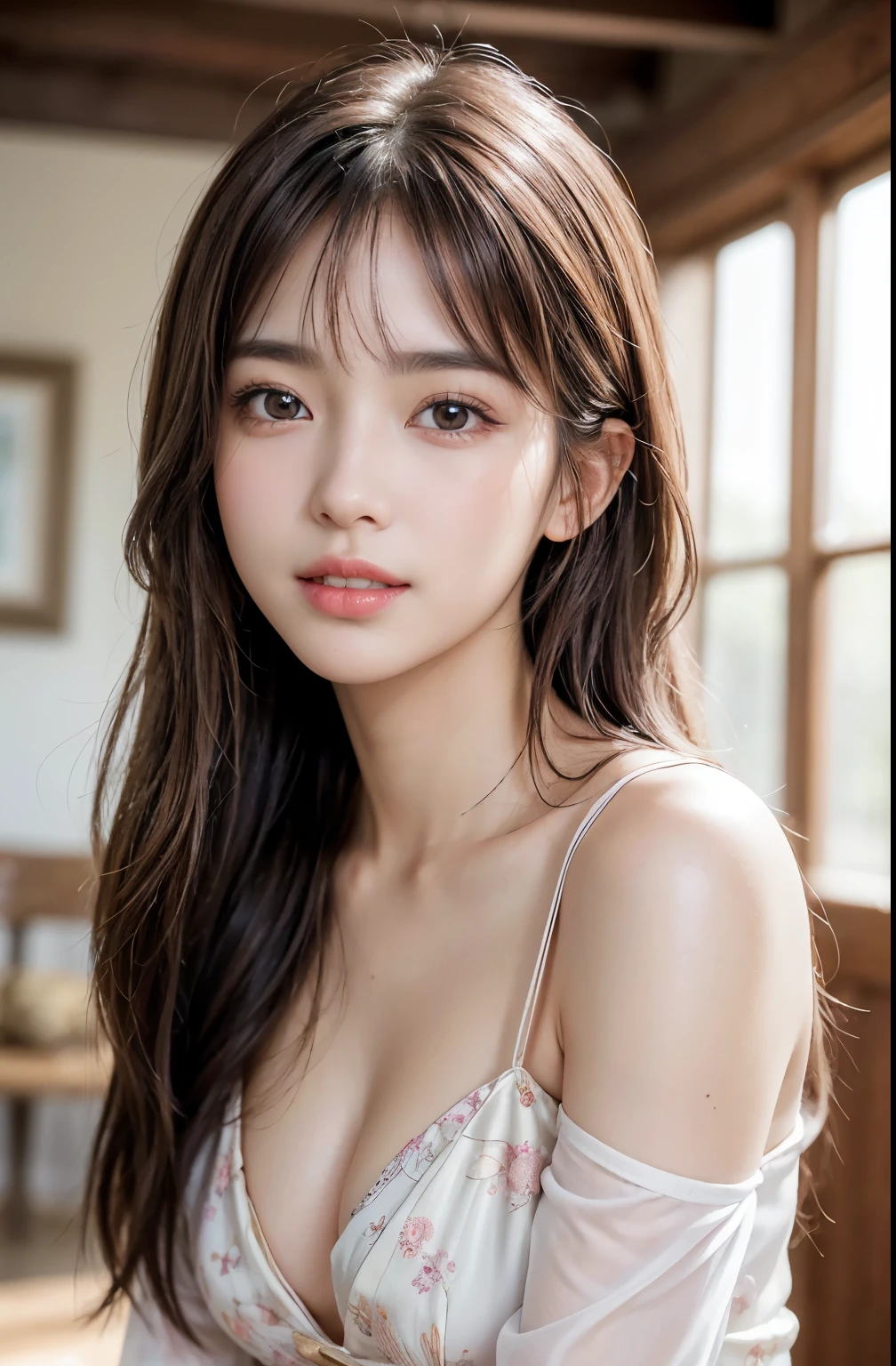 (masterpiece: 1.3), (8k, Realistic, RAW Photos, Highest quality: 1.4), (One Girl), Beautiful Face, (Realistic Face), (Brown long hair: 1.3), Beautiful Hairstyles, (bangs), (smile), smile, Realistic eyes, Gloss, highlight, highlight in the Eyes, eyelash, Beautiful details in the eyes, (Realistic Skin), Beautiful Skin, Transparency, Pink ruffled floral dress、 bust, smile, teeth, Confused, charm, 超High resolution, Ultra-realistic, High resolution, Golden Ratio, Clear eyes, Wet, Mole, Looking into the camera, ear, Shine, Long neck, double eyelid, Big eyes, cheek, kind character, charm personality, kind, Move, 圧倒的なcharm, bright personality