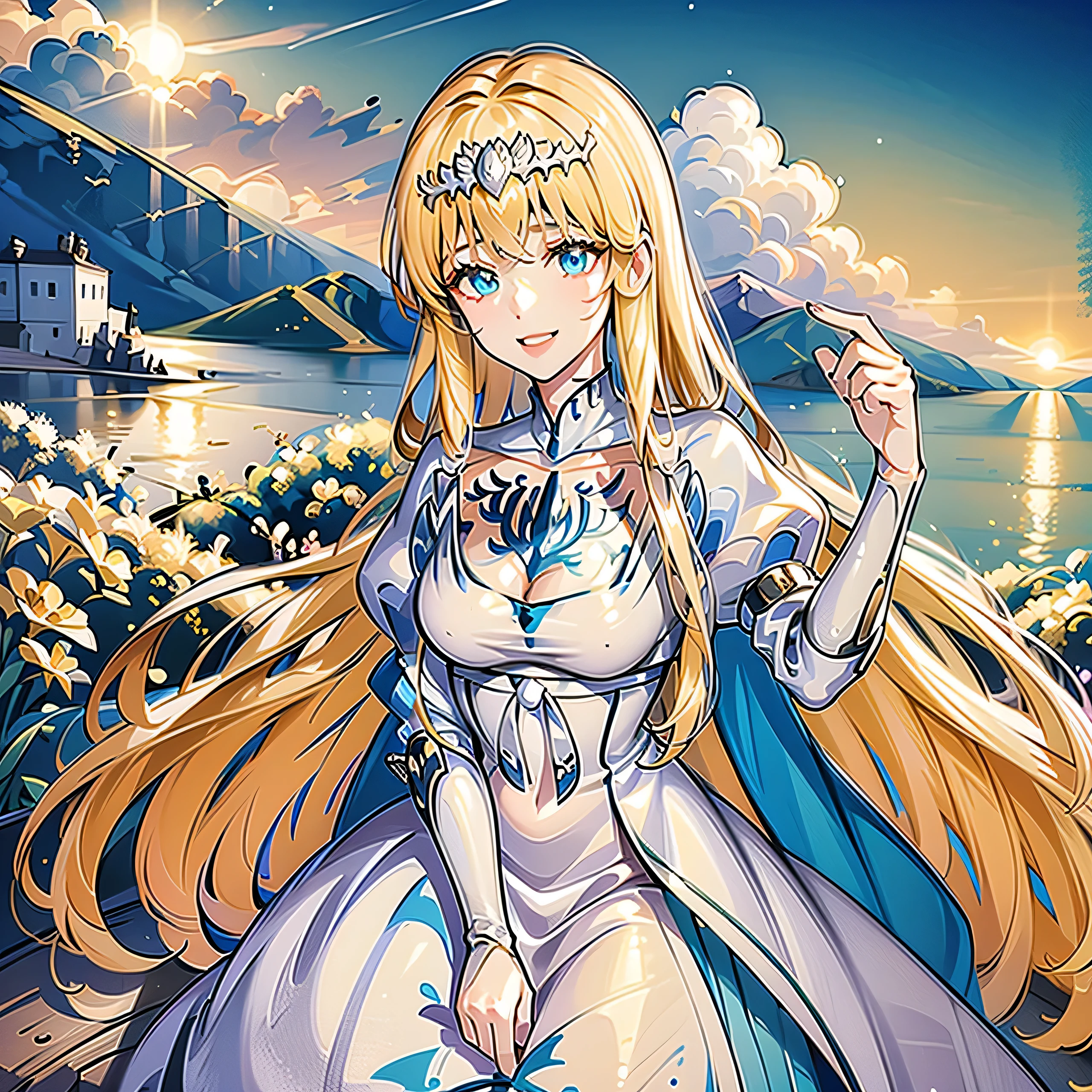 (in 8K、top-quality、masterpiece:1.2)、One woman、(Smiling smile:1.1)、beautidful eyes、Valley、The upper part of the body、Green View、 1girl, solo, Calca, Calca Bessarez, blonde hair, (extremely long hair:1.5), very long hair, white tiara, white dress, blue eyes, medium chest, long straight hair, mature female, 25 years old,