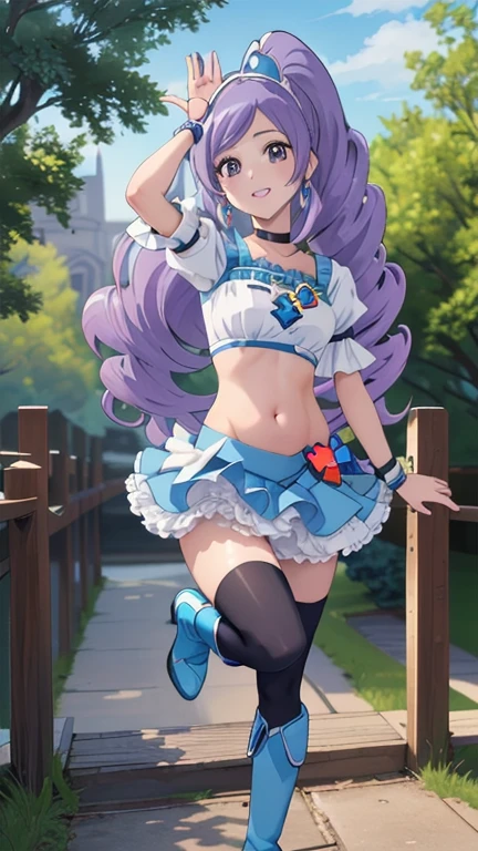 masterpiece, Highest quality, View Viewer, Depth of written boundary, walk, (belly button出し:1.2),(Outdoor:1.6),
One girl, (Cure Berry:1.1), Pretty Cure, Wrist cuff, Blue Skirt, Side Ponytail, Blue Boots, gem, hair band, Navy knee socks, belly button, Blue Ribbon,