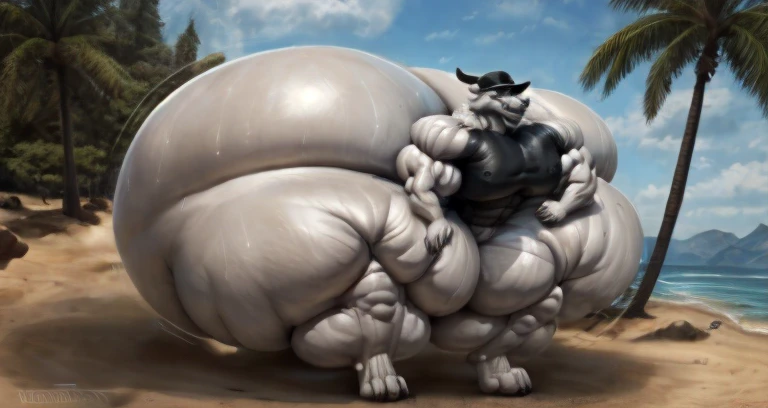 4k, high resolution, best quality, perfect lightning, perfect, solo, anthro, young, boy,white wolf:2.0, furry body, (fluffy mane:1.2), fluffy tail, male, adult, (bulky2:0, thick muscles2:0, huge muscles:2.0, hyper muscles:2.0), (thick biceps, veiny biceps, broad shoulders:2.0), (thick legs, thick calves:1.1), (digitigrade legs, 4 toes:1.2), perfect colors, (photorealistic fur, detailed fur, epic, masterpiece), (suggestive posing:1.2), (seductive smile, lustful grin 1.3), detailed beach,detailed wolf eyes:2.0, by k0suna, by darkgem,nipple ring,hyper arms:2.0,veins,white body,white fur,hyper butt:2.0,hyper paws:2.0,standing,thick legs,thick butts:2.0,sweat body:2.0,massive butt:2.0,black hat,hyper ass:2.0,huge ass,long legs,juicy butt:2.0,butt like a mountain,focus on butt:0.4