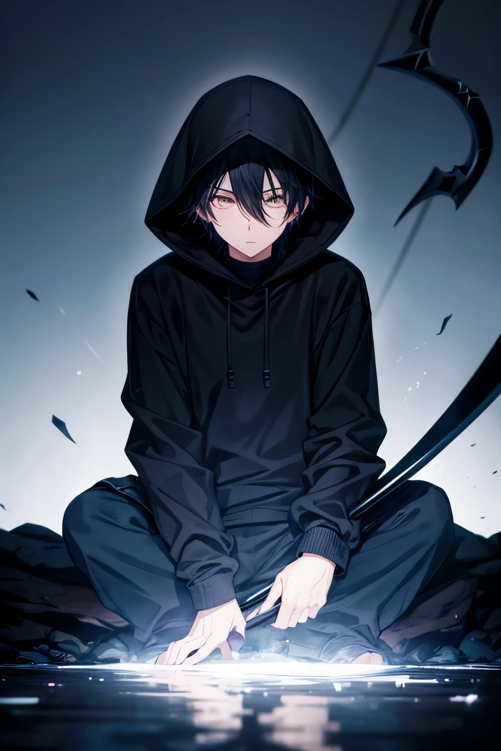 Anime boy. Can't see his face its black. He has a black hood on and black sweater. The background is moonlight. There's black aura of darkness around him. He has a scythe in his hands
