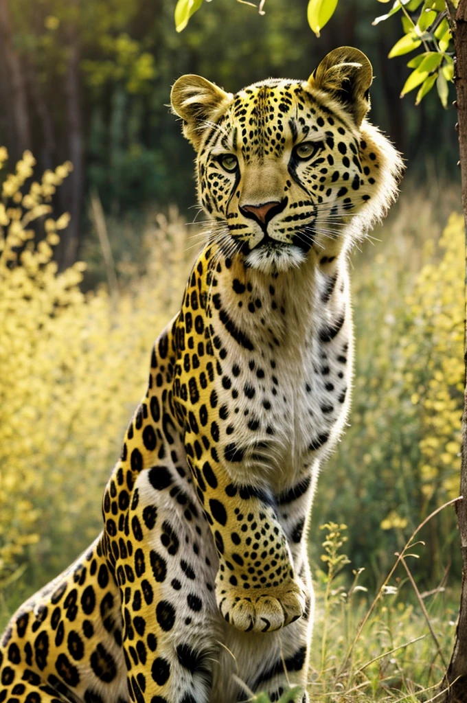 Leopardo con camiseta amarilla, con el orillondel cuello y mangas de colornverde, abrazando una estrella