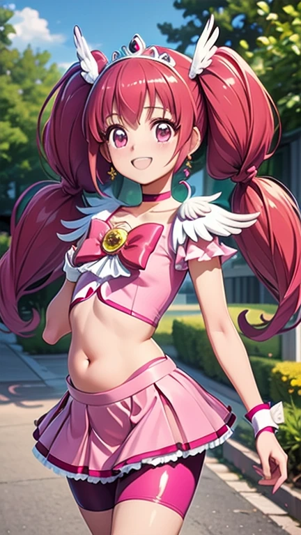 (masterpiece, best quality), (Belly button:1.2),(Outdoor:1.4),One girl,  happy_a, Long red hair, Pink Eyes, long twin tails, low twintails, , feather hair ornament, tiara, Pink choker, cure happy costume,  Pink shorts under skirt, Pink shorts, boots,