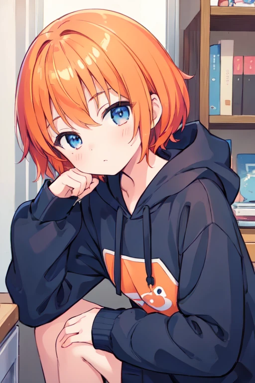 (best quality, masterpiece:1.2), illustrations, a cute girl, cute face, kawaii, early s, very lovingly face, 16-year-old, early teenhort hair, orange hair, shiny hair, blue eyes, medium breasts, black hoodie, face focus,