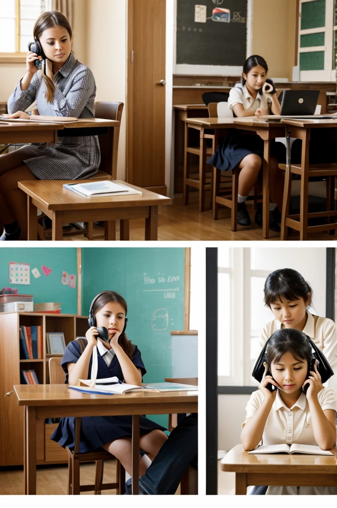 Create a picture of a -age gisitting and using a telephone and a picture of a working-age woman sitting and using the same telephone as a .