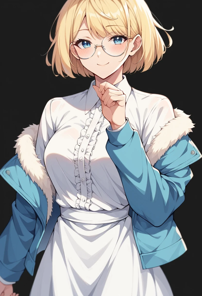 beautiful woman, beautiful face, solo, standing, medium bob cut blonde hair, light blue eyes, two points glasses, medium breasts, blue short jacket, white dress shirts, white pleats long skirt, soft smile, (pinch one's her glasses), temptation pose, black background, no background, pastel 2d art, matte painting, anime, masterpiece