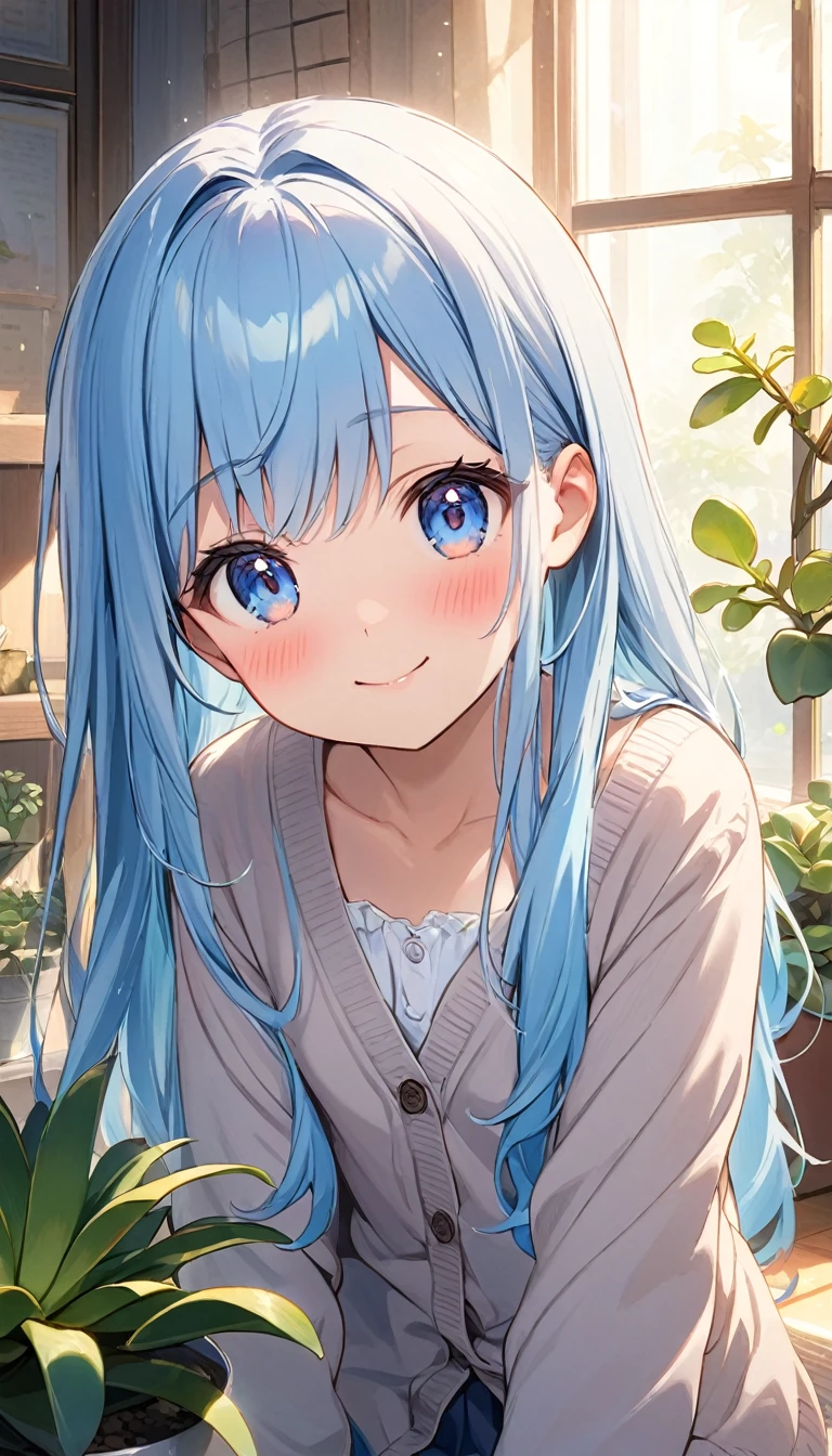 masterpiece, best quality, extremely detailed, (illustration, official art:1.1), 1 girl ,(((( light blue long hair)))), ,(((( light blue long hair)))),light blue hair, long hair ((blush)) , cute face, big eyes, masterpiece, best quality,,tareme,Baby Face,flat chest,cardigan、cute、woman、succulent plants、indoor、morning、long hair、、smile、half up、mysterious,,10 years old,