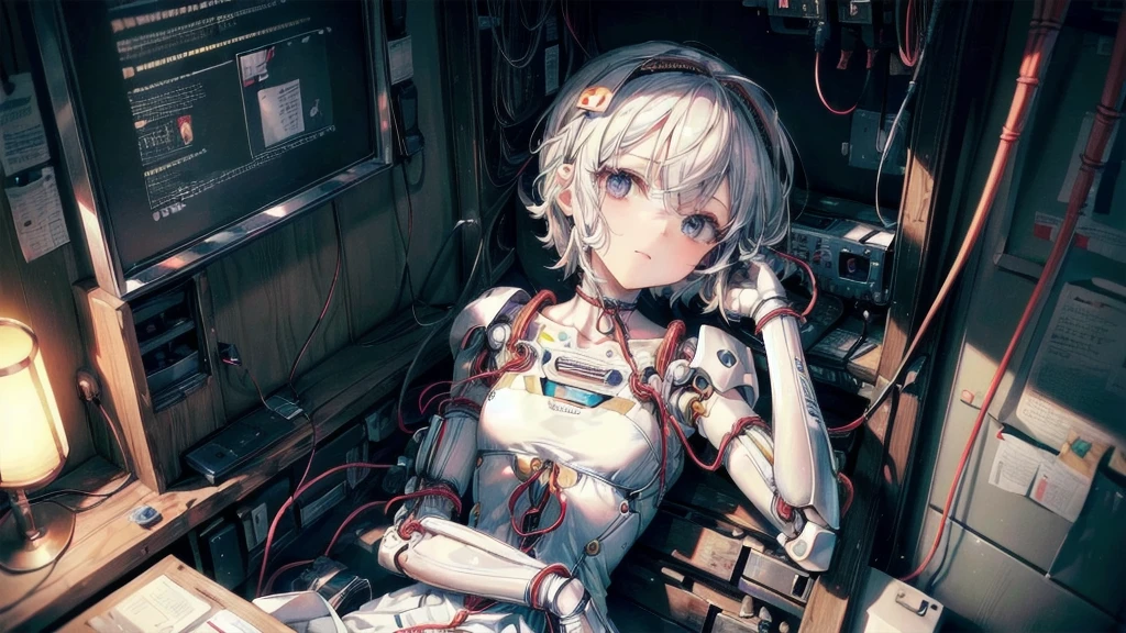(((masterpiece))), (((Highest quality))), ((Very detailed)), (Highly detailed CG illustrations), ((Very delicate and beautiful)),(Cute and delicate face),Light,((1. Machine Girl)),alone,whole body,(Machine made joints:1.4),((Mechanical Limbs)),(Muscles bulge),(Blood vessels are connected to tubes),(Brain in a container:1.3),((Mechanical vertebrae attached to the back)),((Mechanical cervical vertebrae attached to the neck)),((Sitting)),poker face,(Wires and cables attached to head and body:1.5),Small breasts,short hair,(Character Focus),SF,Lying down,Shortcuts,Forehead out,A devastated society,alone,Wearing a headband