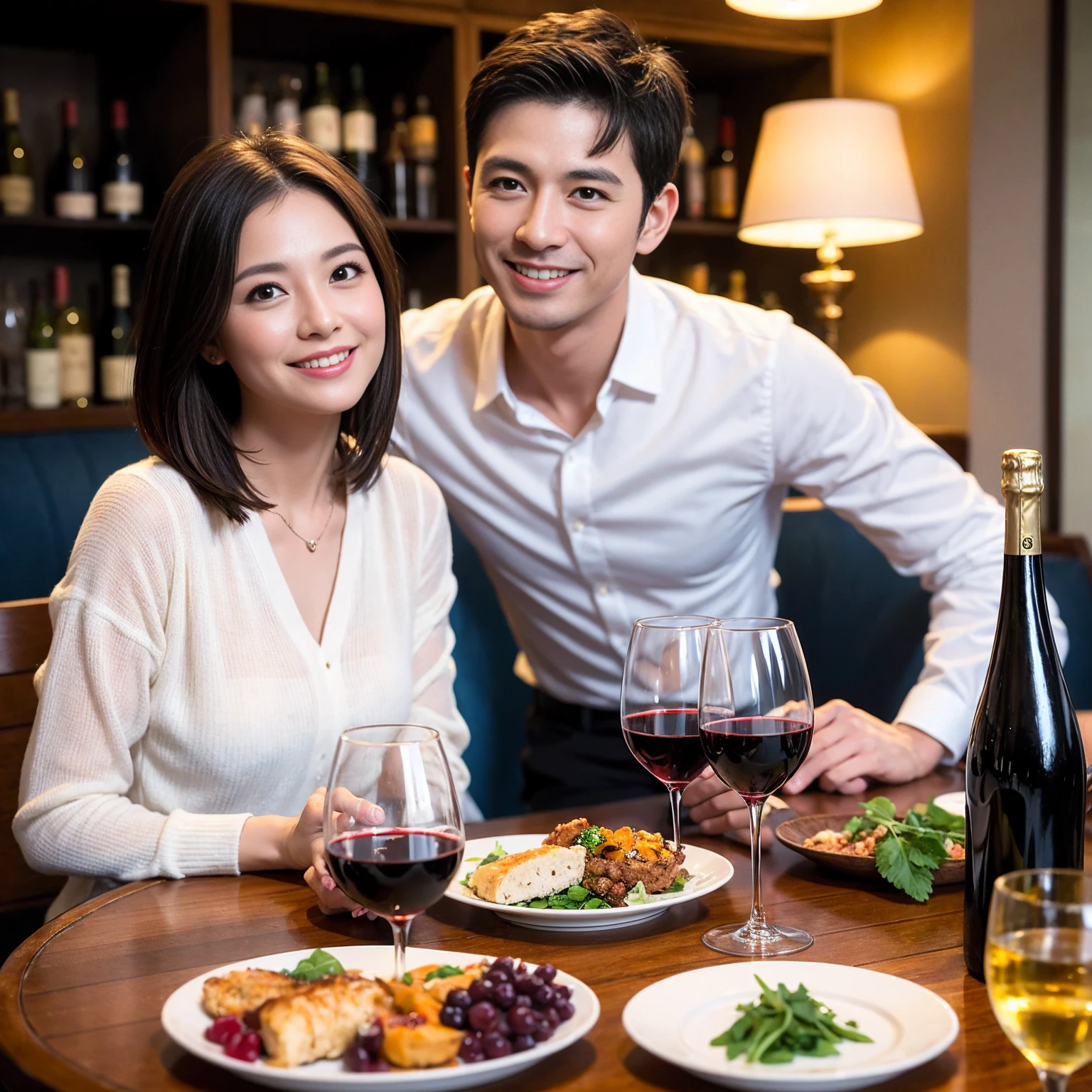 ((Highest quality、8k、masterpiece:1.3))、 (Genuineistic, Genuine、Bright image、Intricate details:1.2), Best smile 1 man 1 woman、Beautiful Couple、spouse、Couple、spouse、Beautiful Couple、Smile、A full-course dinner with a full table、テーブルにwine glass、 (Slim face), (The body is slim), (Brown Hair), (short hair), Please shine a light on my face、 Amazing view of the sunset sky and clouds、 (age 34), 39 years old, red wine 、Wine bottle、sparkling wine、Long sleeve shirt、dress、White wine, red wine, wine glass,